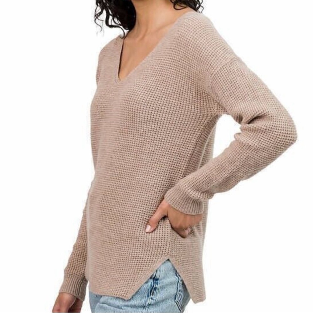 KERSH.  Ladies' Tan, Waffle Knit Sweater. Merino Wool blend. Size L. Long sleeve